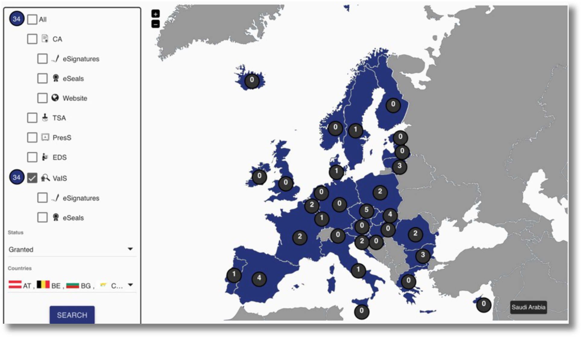 A map of europe with blue and grey colors Description automatically generated